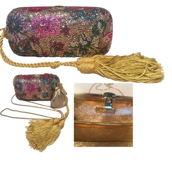 Judith Leiber Swarovski Crystal Floral Minaudiere with Tassel Rope - Picture 1 of 1
